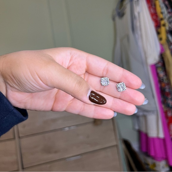 Princess Cut CZ Diamond Square Halo Studs Dainty Small Earrings Jewelry Accessor - Picture 2 of 16